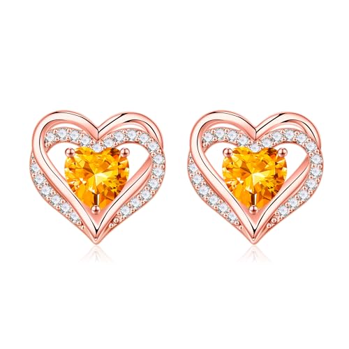 Iefil Birthstone Earrings for Women - 925 Sterling Silver Heart Stud Earrings Birthday Gifts for Women - color: Rose-Gold-Plated-11-Nov-Created Citrine