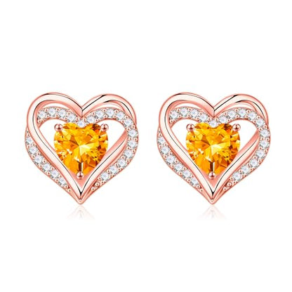 Iefil Birthstone Earrings for Women - 925 Sterling Silver Heart Stud Earrings Birthday Gifts for Women - color: Rose-Gold-Plated-11-Nov-Created Citrine