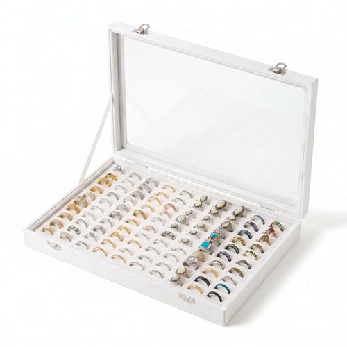 100 Slots Ring Organizer Tray,Velvet Ring Box with Clear Lid | Velvet Lining Provides Protection,Fits Rings of Various Sizes,Glass Lid Jewelry Tray,for Personal Use and Ring Display - color: White