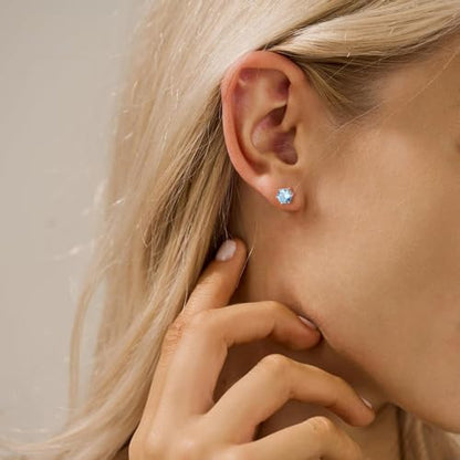 DAYBYDAY 925 Sterling Silver Birthstone Earrings for Women, Crystal Stud Earrings, 6.5mm Round Cut Solitaire Gemstone Earrings Birthday Jewelry - style: Round Cut-03. Mar/created aquamarine