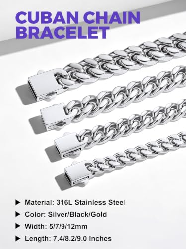 Richsteel Gold/Black/Silver Cuban Link Bracelet for Men,5/7/9/12MM Width | 316L Stainless Steel Chain Wrist Bracelet, Waterproof, No Tarnish, Hypoallergenic Hip Hop Jewelry, with Gift Box - color: 01-Stainless Steel 7mm Width