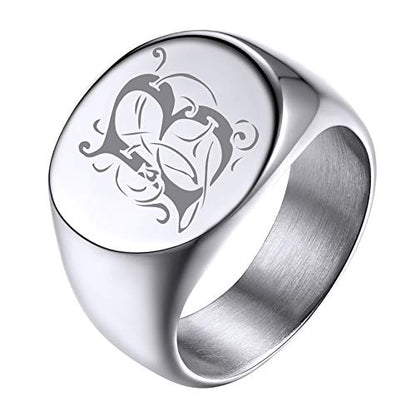 GoldChic Jewelry Personalized Signet Rings Men Women, Stainless Steel Custom Photo Bold Square/Oval Monogram/Old English Initial Pinky Stacking Statement Ring in Black/Silver/Gold (Size 7-14) - color: Steel-Initial -Round