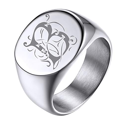 GoldChic Jewelry Personalized Signet Rings Men Women, Stainless Steel Custom Photo Bold Square/Oval Monogram/Old English Initial Pinky Stacking Statement Ring in Black/Silver/Gold (Size 7-14) - color: Steel-Initial -Round