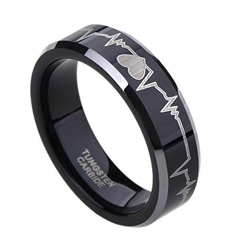 (8mm) Unisex, Women's or Men's EKG Heartbeat Wedding Ring Band. Couple's Black Tungsten Carbide Love Ring with Silver tone edges and Laser Etched Heart Line. One Year Warranty Included. - size: 13