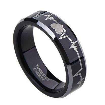 (8mm) Unisex, Women's or Men's EKG Heartbeat Wedding Ring Band. Couple's Black Tungsten Carbide Love Ring with Silver tone edges and Laser Etched Heart Line. One Year Warranty Included. - size: 13