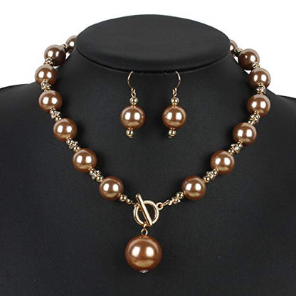 COLORFUL BLING Chunky Multicolor Simulated Pearl Choker Necklace Drop Dangle Earrings Bracelet Set Crystal Bib Big Large Round Beaded Strand for Women Brides Costume Statement 1920s Wedding Jewelry - color: Champagne