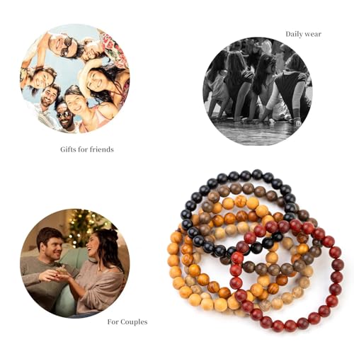 6Pcs 8mm Wooden Beaded Bracelet Bangle for Men and Women Elastic