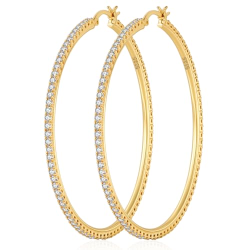 2MM S925 Sterling Silver Post Cubic Zirconia Hoop Earrings Hypoallergenic | 14K Gold Plated - color: Gold-70MM