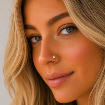 Jolliz Gold Fake Nose Ring with White Opal- Thin Tiny 20 Gauge 8mm Faux Nose Hoop - 14k Gold Filled Clip On Piercing Jewelry For Women - Handmade Fake Nose Rings - No Piercing Needed