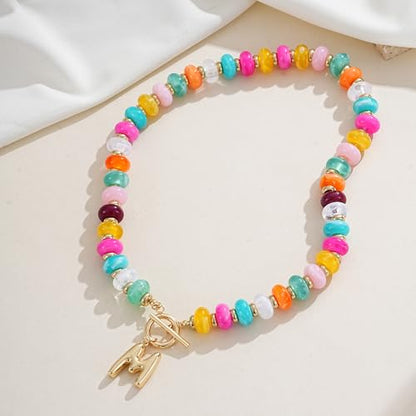 NIKOLUX Colorful Initial Necklaces for Women Chunky Resin Beaded Toggle Necklace 14K Gold Plated A-Z Bubble Letter Pendant Necklace Trendy Summer Beach Handmade Jewelry Gift - color: Colorful-M