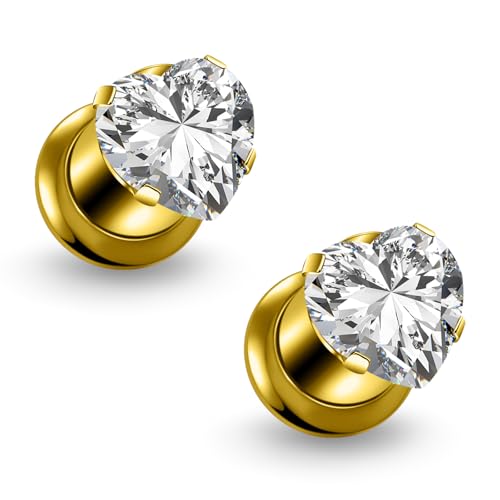 Astm F136 Titanium Heart CZ Ear Gauges Screw Fit Flesh Tunnels Plugs Gauges Earring Expander Stretcher Ear Tunnels For Ears 10G 8G 6G 4G 2G 0G 00G Plug Earrings Piercing Jewelry For Women Men - color: 4G Gauges, Gold