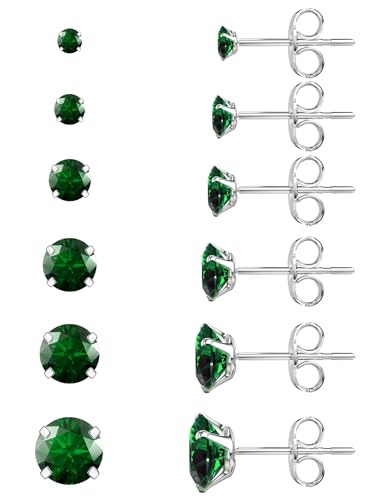 6 Pairs Stud Earrings Set, Hypoallergenic Cubic Zirconia 316L Earrings Stainless Steel CZ Earrings 3-8mm (Steel color) - color: A-014-Green