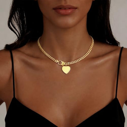 IMBOS 14K Gold Plated Chunky Chain Choker Necklaces for Women Chunky Gold Necklace Tennis Necklace for Women CZ Love Chain Cuban Link Choker Jewelry Gifts - color: Gold-Chunky Cuban Heart