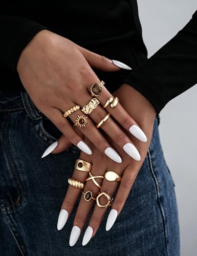 15 Pcs Chunky Gold Rings for Women Open Adjustable Pearl Rings Set | Stackable Statement Rings Pack,Shall Shell，Stacking Knuckles Rings Set, Trendy Stuff Jewelry Gift, Gold Baroque Pearl - color: Brown