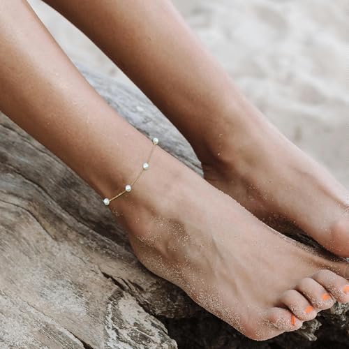 14k Gold Plated Pearl Ankle Bracelets for Women, Dainty Waterproof Anklets