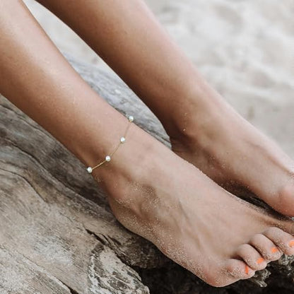 14k Gold Plated Pearl Ankle Bracelets for Women, Dainty Waterproof Anklets