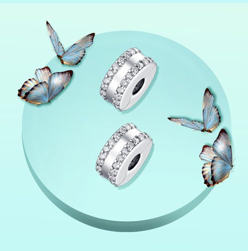 Annmors S925 Clip Spacer Safety Chain Stopper Charms for Pandora, Gift Mom Daughter Friend Sister Wife Grandma Girlfriend Fmaily On Christmas Mothers Valentines Halloween Graduation - color: B13-2pcs Double Lined Pavé Clip Charms