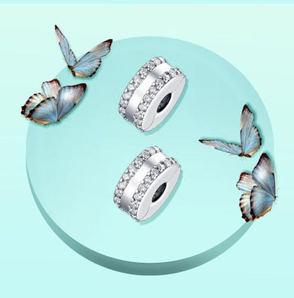 Annmors S925 Clip Spacer Safety Chain Stopper Charms for Pandora, Gift Mom Daughter Friend Sister Wife Grandma Girlfriend Fmaily On Christmas Mothers Valentines Halloween Graduation - color: B13-2pcs Double Lined Pavé Clip Charms