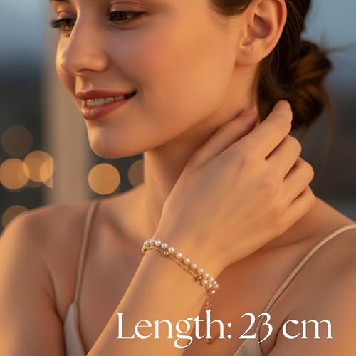 Solza 2 Layer Gold Plated Bracelet – Stainless Steel Adjustable Layered Chain with 3mm Beads, 18K Gold Plated Non Tarnish Jewelry for Women, Elegant Beaded Bracelet Stack for Everyday Wear - style: Pearl Gold