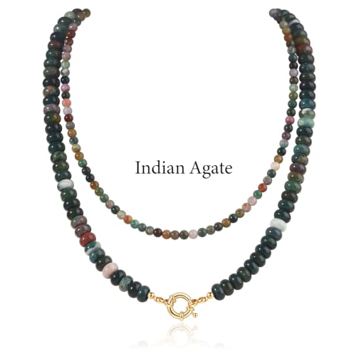 CASDAN 2Pcs Natural Gemstone Beaded Choker Necklaces for Women | Boho Colorful Beads Choker,Natural Stone Surfer Beach Necklaces,Handmade Summer Jewelry,Charm Trendy Necklaces - color: Greyish green