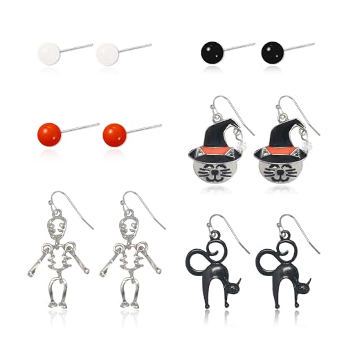 Halloween Stud Earrings Set for Women Stainless Steel Hypoallergenic Jewelry with Pumpkin, Spider, Ghost, Bat & Skull Designs Spooky Halloween Accessories & Gifts for Teachers
