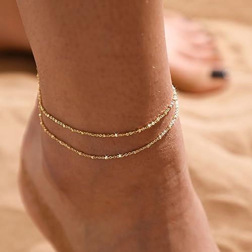 Dainty Simple Chain Anklet for Women 18k Gold/Silver Plated Summer Beach Beaded Evil Eye Moon Figaro Butterfly Satellite Cuban Pearl Flat Marina Anklet Gift - color: square dot-GD