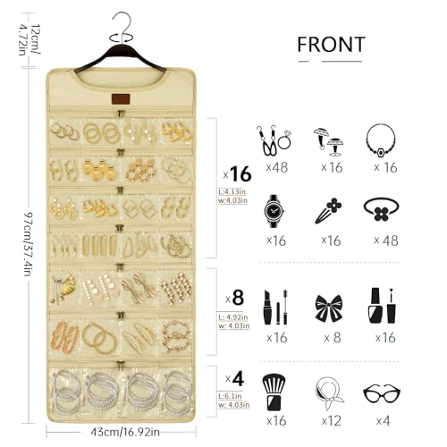 SMRITI Hanging Jewelry Organizer with Dual Zippered Pockets Canvas Double Sided Rotating Hanger Necklace Hanging Wall Organizer Earring Dustproof Holder Wall Mount Accessories Display Bag(Beige) - color: Beige