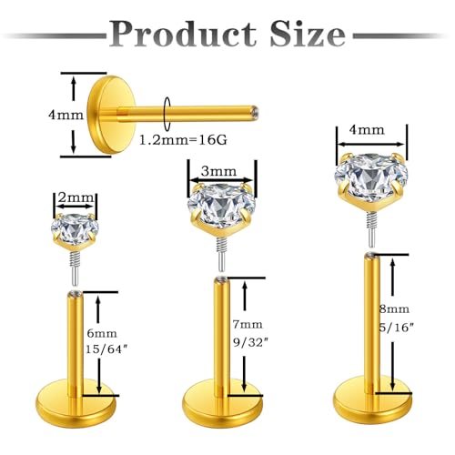 Gotumo 20G 18G 16G Flat Back Earrings Stud Nose Ring Titanium Internal Thread Tragus Labret Cartilage Lip Medusa Conch Body Piercing Jewelry Nose Stud Hypoallergenic for Women Men - color: Gold, size: 16G Bar-6/7/8mm & CZ-2/3/4mm