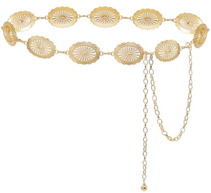 Women's Concho Chain Belt Western Cowgirl Metal Waist Chain | Belt for Dress - color: A Gold, size: M: 47.2 in
