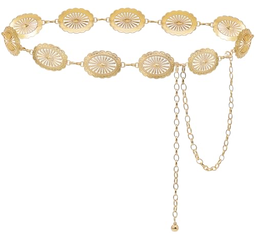 Women's Concho Chain Belt Western Cowgirl Metal Waist Chain | Belt for Dress - color: A Gold, size: L: 53.1 in