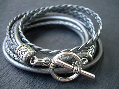Womens Bracelet, Womens Leather Bracelet, Leather Bracelet, Wrap Bracelet, Leather Bracelet, Women's Metallic Gray Triple Wrap Leather Bracelet