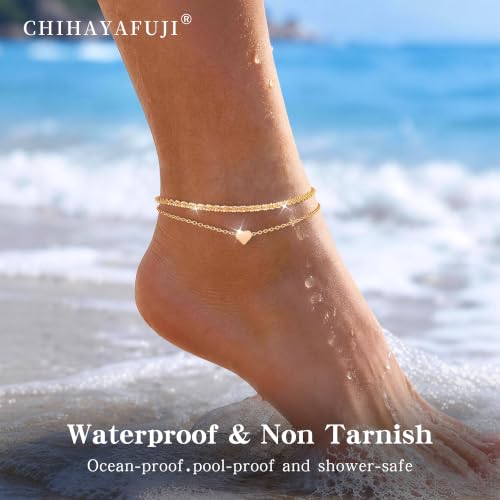 Sterling Silver Ankle Bracelets for Women 14k Gold Waterproof Layered Stackable Non Tarnish Dainty Heart Charm Large Adjustable Anklet for Summer Beach Jewelry Gift - color: GoldA