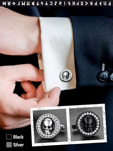 FaithHeart Mens Cufflinks, Norse Viking Tuxedo Shirt Cuff Links, Stainless Steel Cuff Links and Shirt Studs, Gift Box - style: 05. Skull CZ-Black