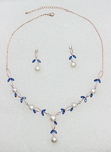 Faship Genuine Freshwater Pearls Floral Necklace Earrings Set | Premium CZ Crystal, Gorgeous, Sparkling - color: Blue / Rose Gold Plated