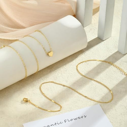 Layered Gold Necklace Set for Women Dainty Waterproof Cute Choker | 14K Gold Plated Minimalist Non Tarnish Lightweight CZ Pendant Pearl Twist Paperclip Chain Jewelry Gifts - style: 2PCS-Heart pendant-GD
