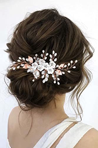 Unicra Flower Bride Wedding Hair Comb Leaf Rose Gold Bridal Headpiece Pearl Hair Accessories Crystal Hair Piece Jewelry for Women (C Rose Gold) - color: C Rose Gold