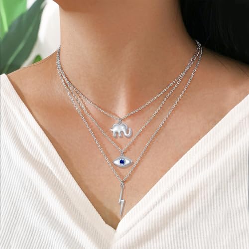 DAOCHONG S925 Sterling Silver Triple Layer Pendant Choker Necklace for Women 16"+2" - style: K-3 layered Evil Eye