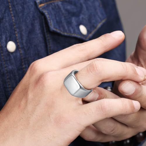 Mens Stainless Steel Plain Signet Rings 4/7/10/14MM Rectangular Pinky Rings | High Polish Classic Blank Thumb Rings, Everyday Comfit Wear, Gift for Men - color: Silver14