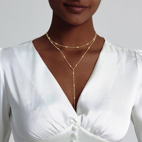 Luxval Lariat Gold Necklace for Women, Dainty Long Necklace 14k Gold Plated/Silver Y-Shaped Pendant Necklaces Trendy Beaded Chain Drop Necklaces Jewelry for Women Gifts - color: Gold-Y Layered Shinny Necklace