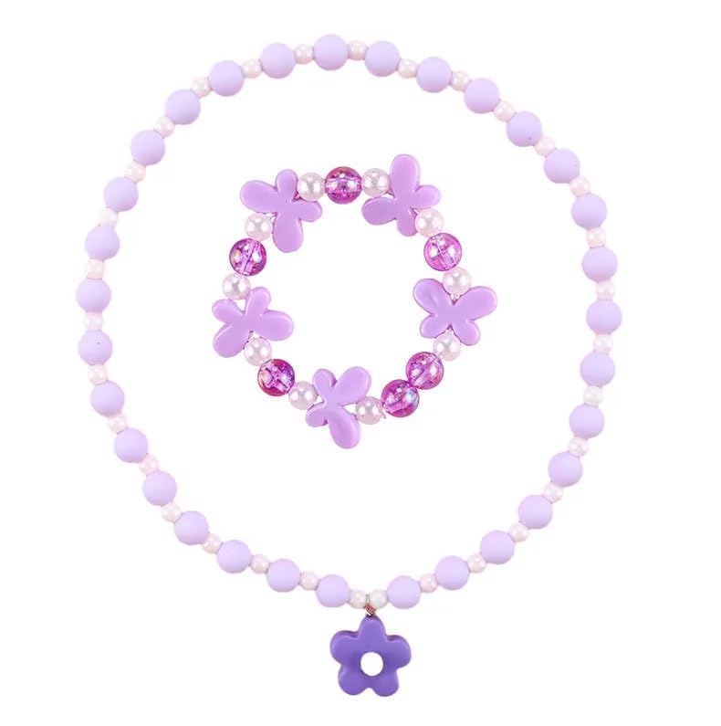 Beaded Necklaces and Bracelets Set for Women Flower Butterfly Pendant Bead Stretch Necklace Party Favors Dress up Play Costume Jewelry Gift - color: Purple