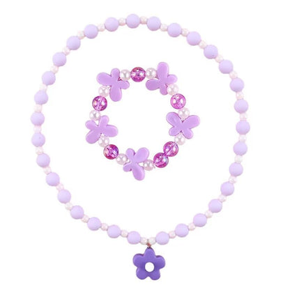 Beaded Necklaces and Bracelets Set for Women Flower Butterfly Pendant Bead Stretch Necklace Party Favors Dress up Play Costume Jewelry Gift - color: Purple