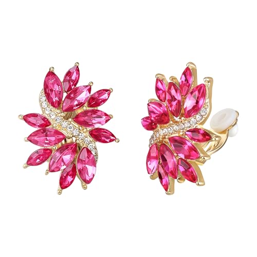 Flyonce Rhinestone Clip On Stud Earrings for Women, Glitter Marquise Crystal Wedding Party Vintage Statement Non Pierced Earring for Brides Bridal Cocktail Prom Jewelry Silver-Tone - color: Hot Pink