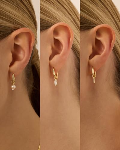 PAVOI 14K Gold Plated Mix & Match Charms Dainty Huggie Earrings for Women | Hypoallergenic Earrings with 925 Sterling Silver Posts, Huggie Hoop Earrings with Motif Dangle Charms Pack - style: Pearl