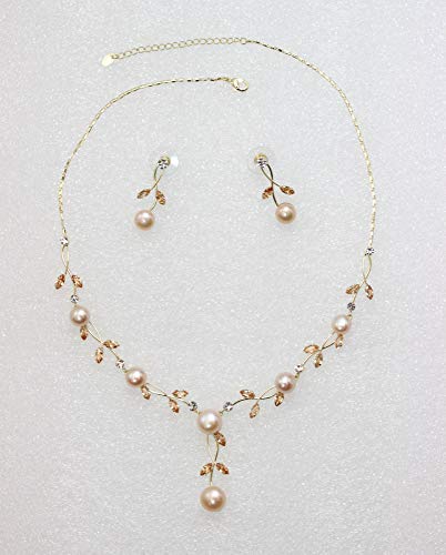 Faship Genuine Freshwater Pearls Floral Necklace Earrings Set | Premium CZ Crystal, Gorgeous, Sparkling - color: Topaz color brown