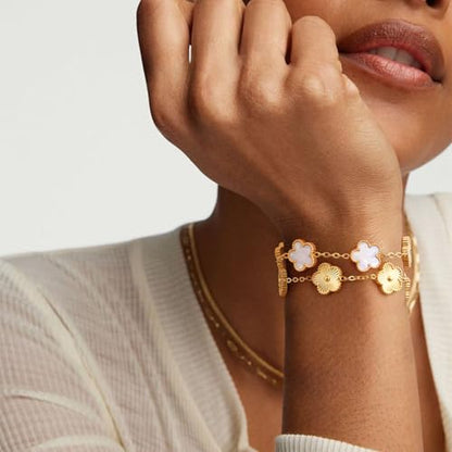 Women Gold Bracelets Jewelry Set - 3Pcs 18K Gold Plated Floral Bracelet,Stainless Steel Charm Bracelet Non-Tarnish,Adjustable Lucky Chain Trendy Gift,Christmas Valentines Birthday Gifts for Girlfriend - style: White&Gold