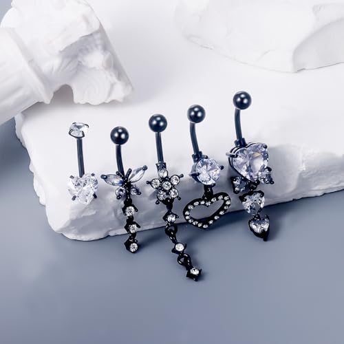 Vsnnsns 14G Dangle Belly Button Ring Piercing Jewelry 316L Stainless Surgical Steel Snake Heart Butterfly Flower Diamond CZ Navel Rings Dangling Belly Button Ring Piercing Jewelry for Women 14 Gauge - color: Black-Clear CZ