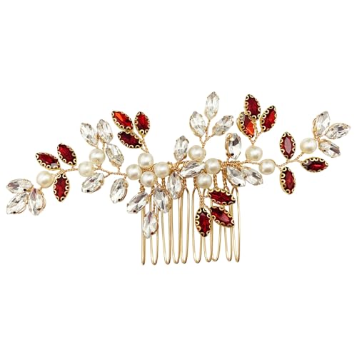 Pearl Crystal Hair Comb Bridal Rhinestone Gold Vine Hair Piece Accessories for Wedding Women (Red-2) - color: Red-2