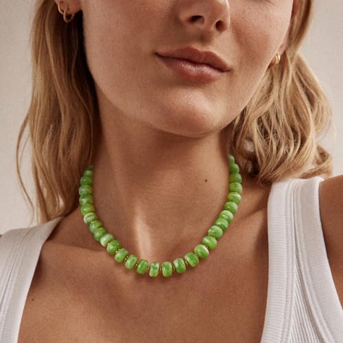 Beaded necklace for Women Boho Bead Gemstone Chunky Necklace Big Bead Necklace Fashion Trendy Summer Necklaces Jewelry Gifts - color: Olive Green Beaded