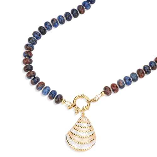 SAMYA Gemstone Beaded Necklace for Women | Ocean Charm Necklace with 8x4mm Natural Dyed Jade Beads, Adjustable 16"+2" Beach Necklace for Women - color: Deep blue jade