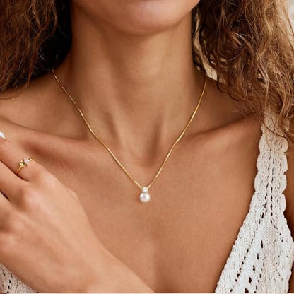 WFYOU Silver Gold Pearl Necklaces for Women 14K Gold Plated Dainty Necklace | Wedding Charm Pendant Necklace, Simple Pearl Necklace Waterproof Non Tarnish, Pearl Jewelry, Mothers Day Bridesmaid Gifts - color: Gold, size: 10mm